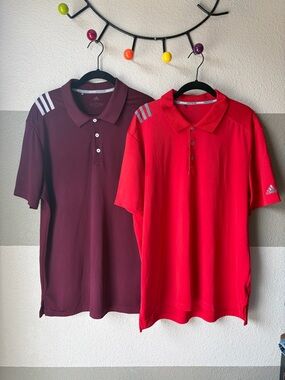 Two Adidas Men’s Large Climalite Golf Polo Collared Shirts Red Maroon Lot Bundle